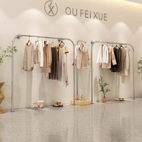 网红服装店实木货架落地女装店上墙展示架不锈钢落地挂衣架陈列架 - 图3