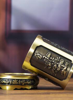 小铜记全铜笔筒黄铜中式覆古梅兰竹菊大号笔筒送礼礼品书桌铜笔筒