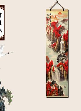 竹帘片山水画中式国画办公室风景挂画客厅装饰字画沙发背景墙壁画