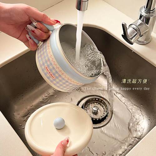 泡面 面碗带盖子高颜值带手柄304不锈钢学生宿舍泡面 面饭碗个人 - 图0