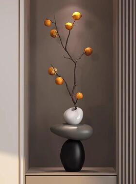 石来运转入户玄关壁龛摆件柿柿如意彷真绿色植物花瓶客厅电视柜装