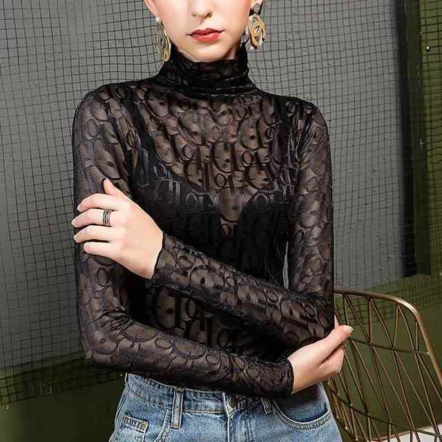 Autumn new style mesh bottoming shirt for women with high collar and stylish letter print black lace inner with sexy gauze top