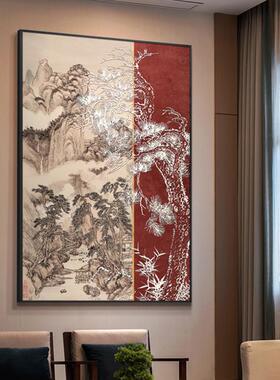 新中式玄关客厅山水国画餐厅走廊过道装饰画酒店饭店竖版红色壁画