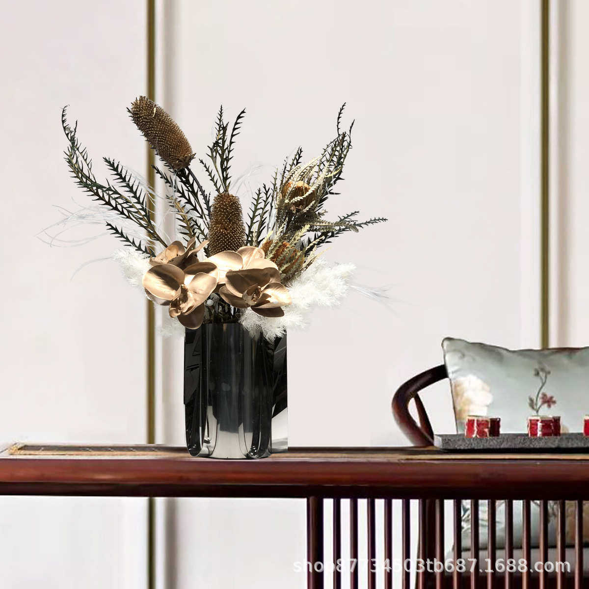 仿真花艺金属花器摆件高端酒店餐桌前台样板房别墅客厅假花装饰品,淘宝优惠券,粉丝福利购,淘宝优惠卷