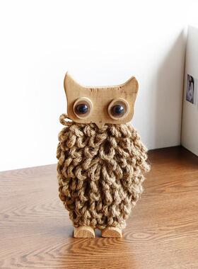 纯手工木质猫头鹰摆件创意北欧家居装饰书房玄关桌面客厅室内礼品