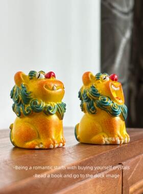 「无聊瞭 摆一对多彩幸运黄色坐姿笑的风狮爷」国潮桌面摆件礼物