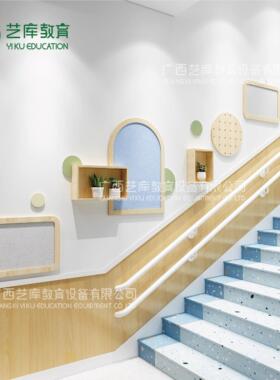 幼儿园楼文化墙面木梯环创实大厅走廊梯简楼约实木YK925楼梯装饰
