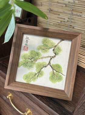 纯手绘放青松国画摆台描金松树茶室书房办公室摆件装饰画生日礼物
