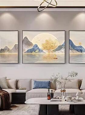 简约现代客厅装饰画画抽象橙色线线条壁画画福鹿三联组合沙发背景