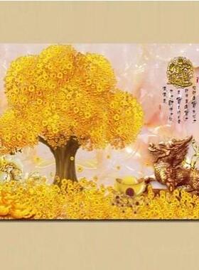 客饰厅装画招财风水画办单幅横版OQX晶瓷挂画公钱室走廊墙画发财