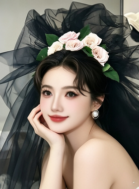万圣节黑色头纱结婚新娘蕾丝头纱