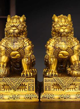 铜麒麟摆件公母一对纯黄铜八卦镇火直头麒麟宅踩聚宝盆家居办公室