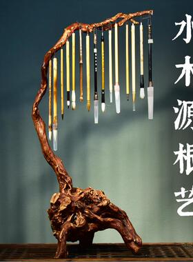 天然根雕四笔架毛笔书挂文房宝摆件F98H68T9创简约复古中意国风房