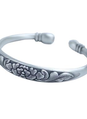 高档女牡丹花纯银手镯999足银镯子光实口心开覆古哑民族风送妈妈