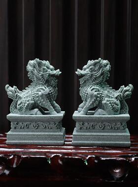 麒麟摆件一对石头镇宅门口看门迷你小摆件桌面招财神兽青砂石茶宠