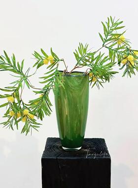 中古四叶草绿色手工琉璃白菜花瓶玄关餐桌客厅复古花器新中式摆件