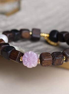 达拉干沉香木方块珠手串手工编织珍珠贝玛瑙手链国风饰品女款