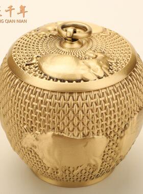五牛茶叶铜匠千年黄铜具五牛茶叶罐黄铜工艺品摆件茶茶铜礼器商道