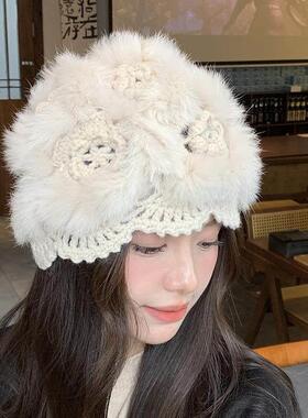 兔绒针织帽毛毛帽子真毛兔毛绒皮草帽韩版百搭防寒保暖毛线针织包