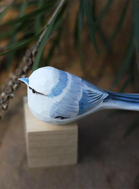 鹿妖商店 肥啾 木雕小鸟 生日礼物 灰蓝山雀 纯手工实木桌面摆件