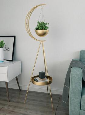 北欧轻奢金色铁艺花架家居客厅花盆吊篮架家用店铺落地置物架摆件