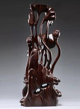 黑檀木年年有鱼根雕荷花雕刻摆件家居装饰工艺品开业乔迁