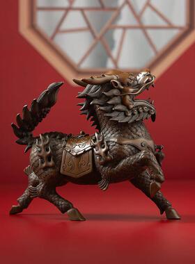 紫铜麒麟摆件一对新中式乔迁家居客厅玄关办公室桌面开 业装饰礼