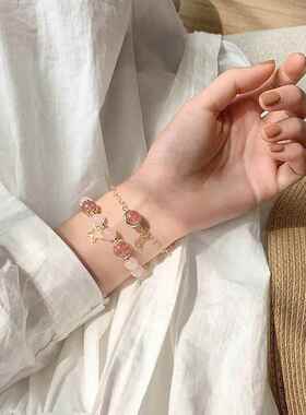 2026草莓粉水晶桃花运手链女学生简约串珠个性韩版甜美风手串幸运