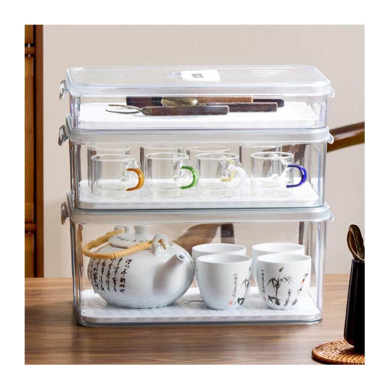 Drainage storage box, tea set, transparent wine cup, dust-proof with lid, kung fu tea cup, cup storage artifact storage