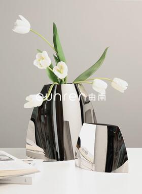 简约不锈钢ins风花瓶镜面弧形插干花器摆件家居装饰品
