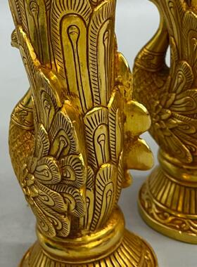 复古纯铜鎏金仿古孔雀花瓶摆件一对 铜工艺品 文创市集古玩老物件