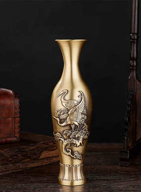 黄铜仙鹤花瓶客厅创意铜摆件干花插花器仿古供佛大号花瓶厂家批发
