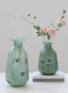 绿色中古玻璃花瓶摆件创意水养客厅电视柜玄关插花装饰品法式琉璃