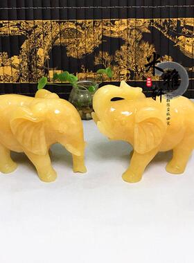 天然黄玉摆件一对吸水象手工雕刻客厅玄关办公室家居装饰品
