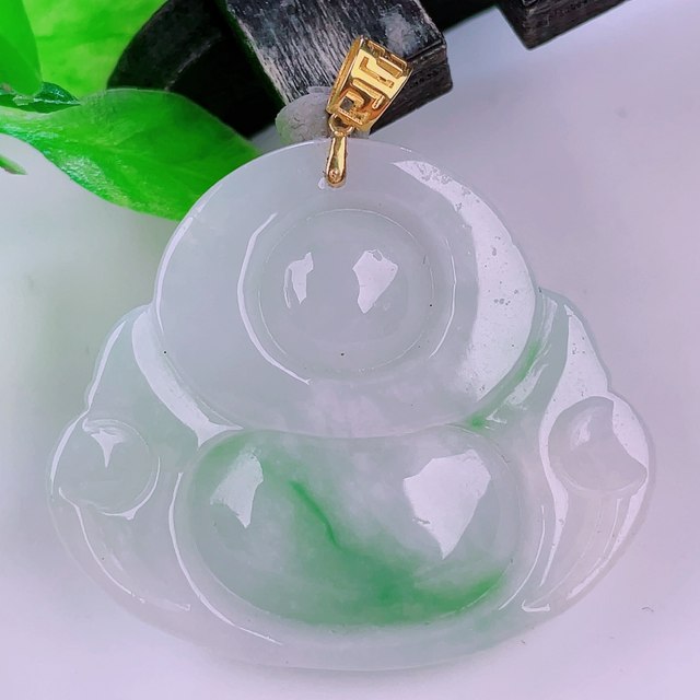 Burmese natural genuine jade genuine 18k gold buckle ice floating green flower high-end flash Buddha jade pendant 7.40g