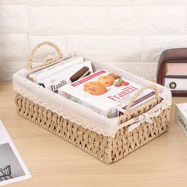 Desktop woven storage basket miscellaneous snacks toys cosmetics key storage basket straw woven dried fructose tray storage box