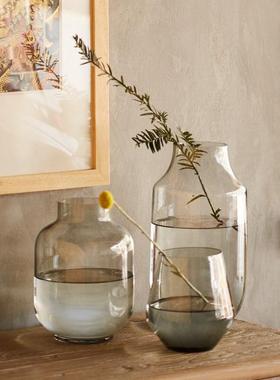 北欧风格冷灰色玻璃花瓶透明简约创意水培花瓶摆件客厅餐桌插花瓶