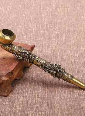 仿古黄铜两用型八仙图烟杆烟斗十二生肖老烟枪铜制工艺品收藏摆件
