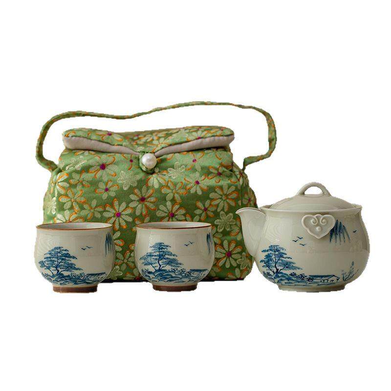 Hand-painted landscape travel tea set portable outdoor tea brewing one pot and two cups ceramic quick cup gift