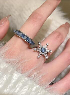 计蓝色锆石雪花戒指女2024新款小众d6BixuX9设搭感食指戒百高级调