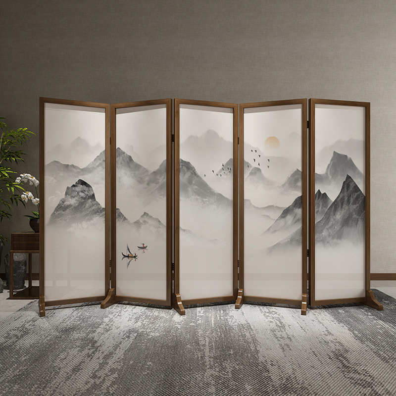中式实木屏风折叠移动客厅入户进门隔断遮挡酒店简约现代山水折屏 - 图0