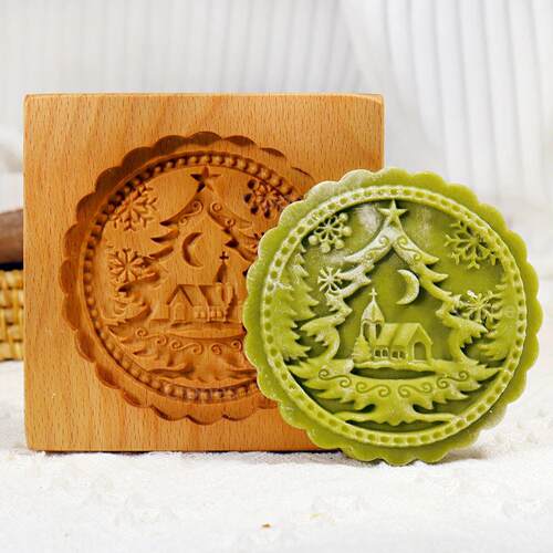 1PC Wood Cookie Mold with Rose Flower Patterns, Christmas 3D - 图0