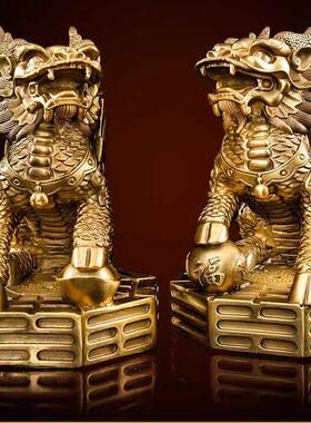 铜麒麟摆件公母一对黄铜镇宅招财八卦办公室客厅店铺开业装饰收藏