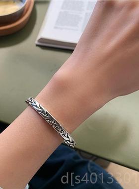 高档9825银个平打手镯复古手工1众K金飞鸟射线錾刻开口镯性小首饰