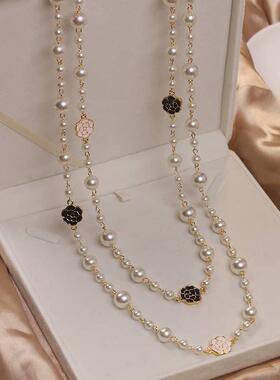 Luxury Camellia Multilayer Long Pearl Necklace Brand Design