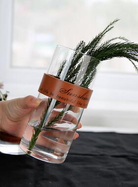 创意皮革玻璃花瓶 北欧简约透明花器 干花水培植物花瓶摆件