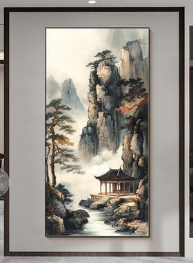 楼梯间挂画靠山有壁画玄关背入户新画竖版装饰画背景竖版中式靠山