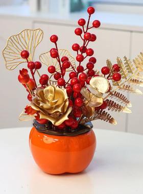 新款春节柿柿如意成品装饰摆件塑料仿真柿子罐金叶冬青客厅装饰品