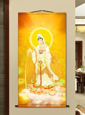 洒水观音画像客厅卷轴挂画新中式装饰画丝绸布佛家墙壁画国画挂轴