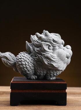 国风青砂石火麒麟瑞兽动物摆件创意家居客厅茶室桌面茶宠装饰品
